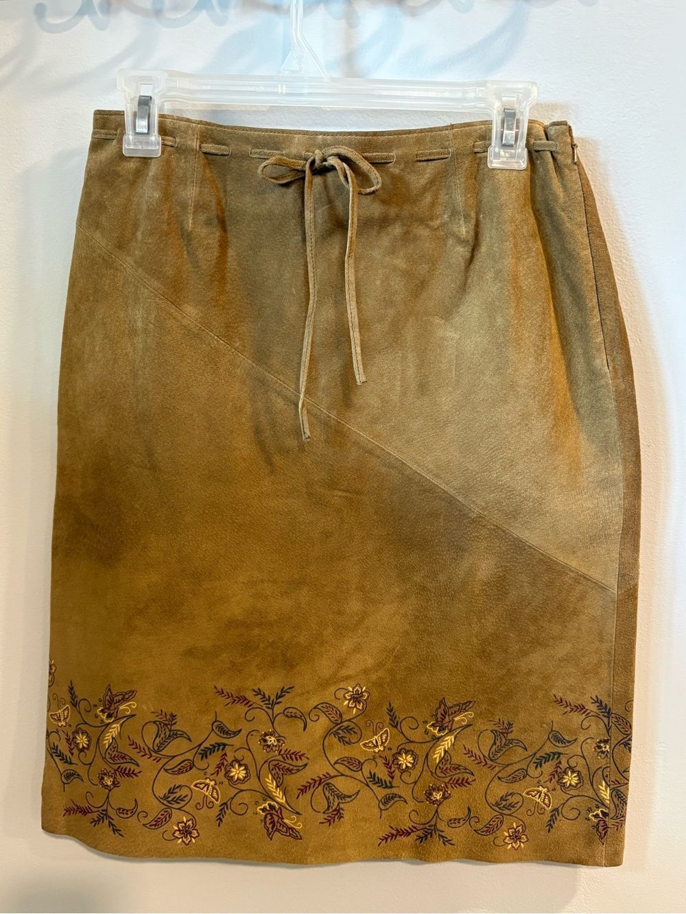 Express Brown Suede Embroidered Drawstring Pencil Skirt